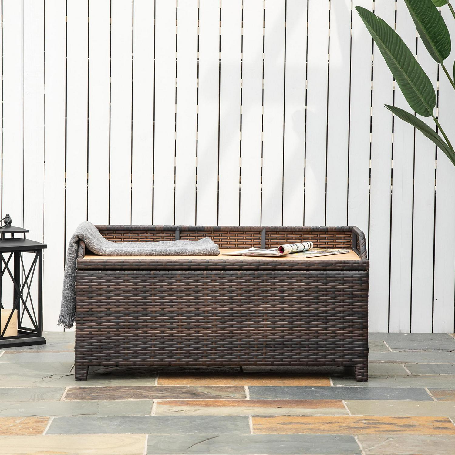 PE Rattan Bench Patio Wicker Storage Basket Seat Furniture-Mixed Brown