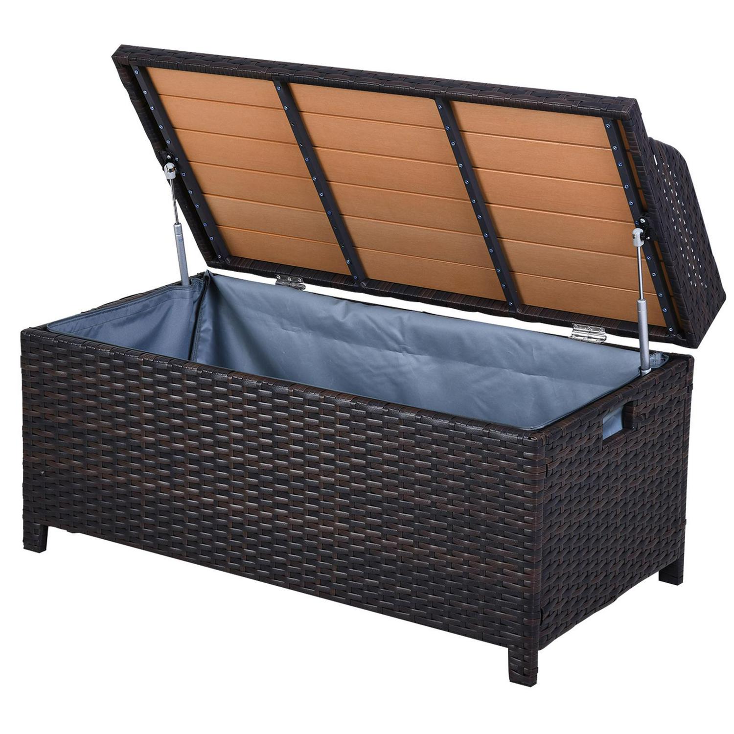 PE Rattan Bench Patio Wicker Storage Basket Seat Furniture-Mixed Brown