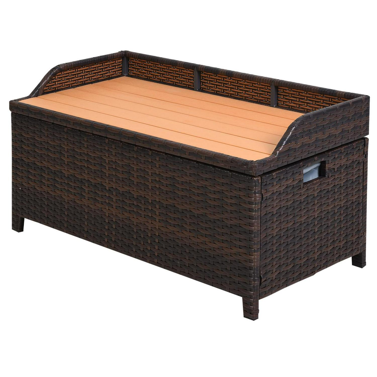 PE Rattan Bench Patio Wicker Storage Basket Seat Furniture-Mixed Brown