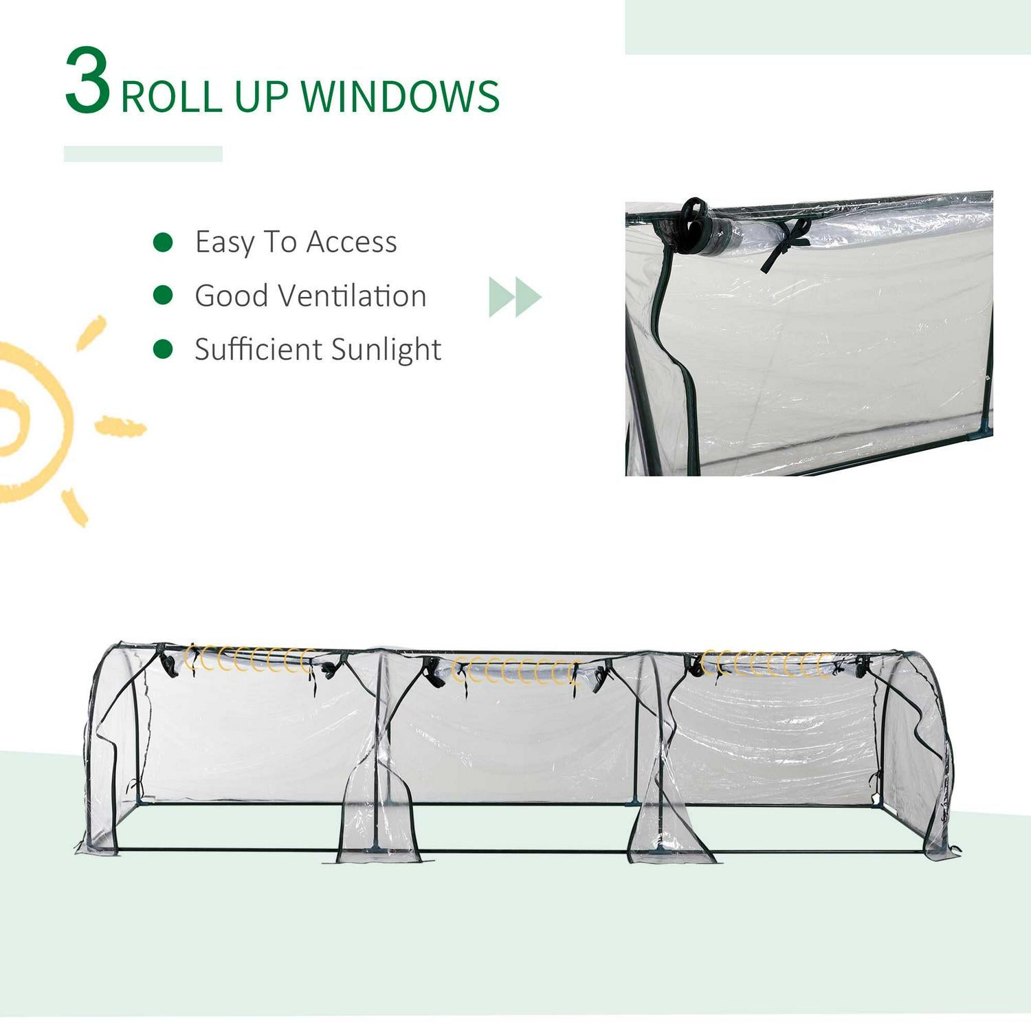 Portable Steel Frame Mini Greenhouse, 350Lx100Wx80Hcm-Dark Green/Transparent