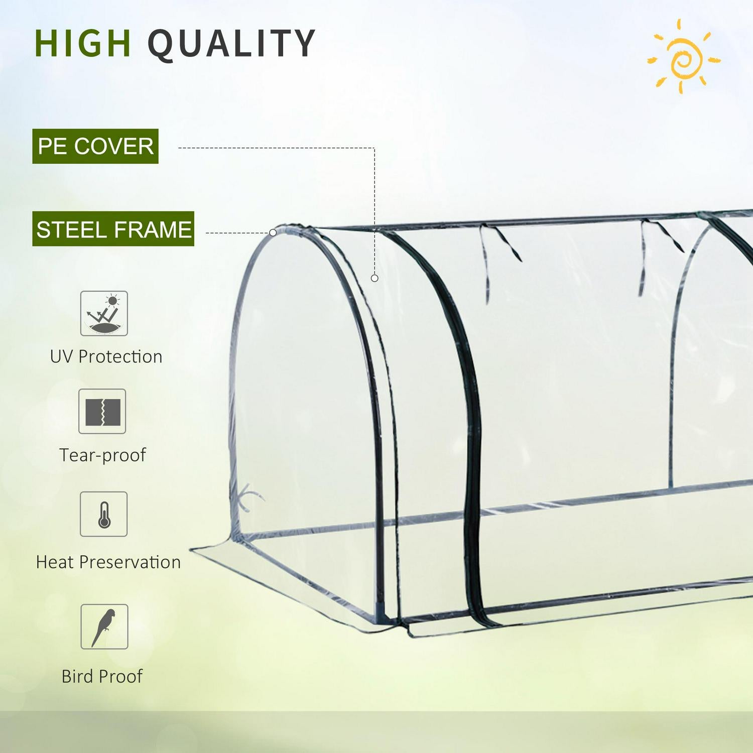 Portable Steel Frame Mini Greenhouse, 350Lx100Wx80Hcm-Dark Green/Transparent