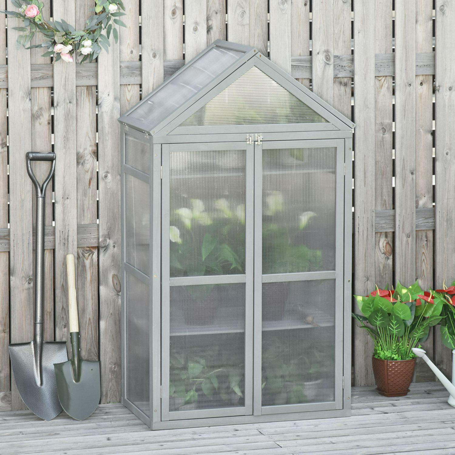 Wooden Cold Frame Greenhouse For Plants PC Board Outdoor 80 X 47 X 138cm Grey