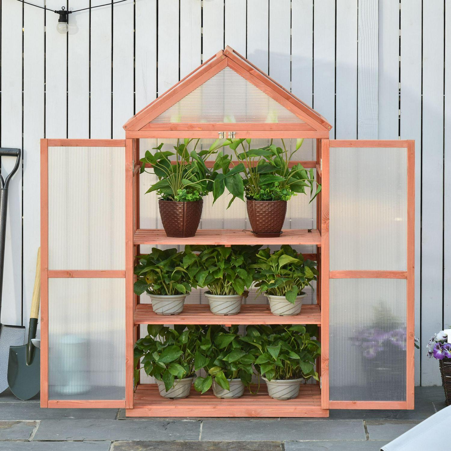 Wooden Cold Frame Greenhouse For Plants PC Board Outdoor 80 X 47 X 138cm Orange