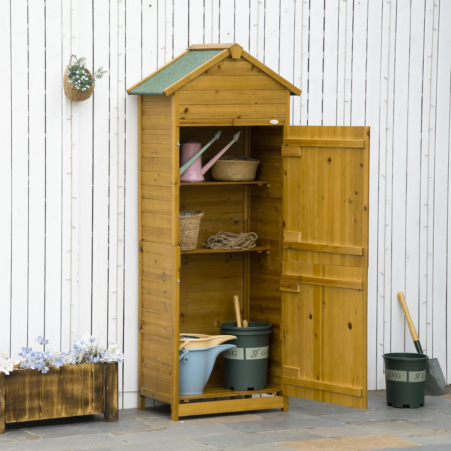 Wooden Garden Storage Shed Utility Gardener Cabinet W/ 3 Shelves And 2 Door, 191.5cm X 79cm 49cm, Natural Effect