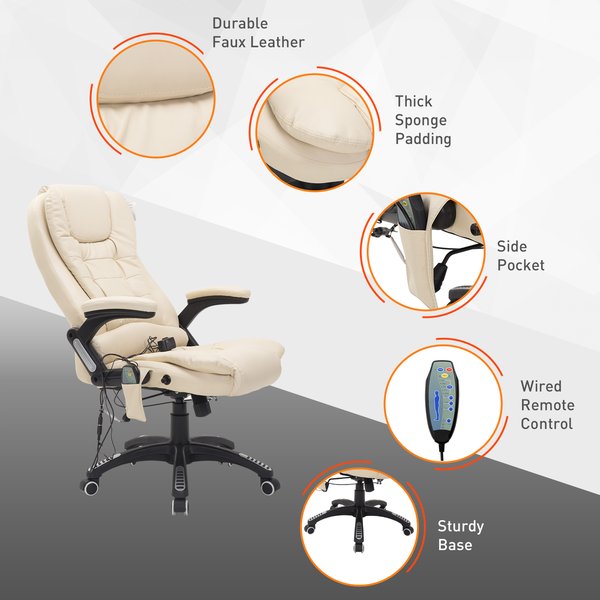 PU Leather Office Chair W/Massage Function, High Back - Cream