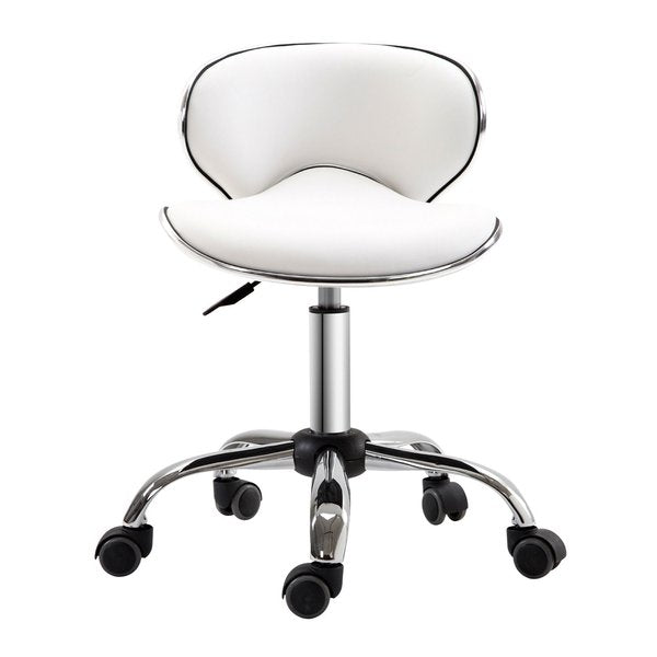 PU Leather Rolling Swivel Salon Chair Salon Stool with Backrest - White