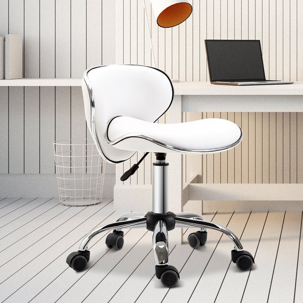 PU Leather Rolling Swivel Salon Chair Salon Stool with Backrest - White