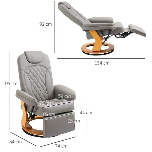 PU Recliner Lounge Chair With Footrest Wood Base For Home Office - Grey