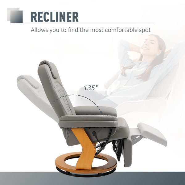 PU Recliner Lounge Chair With Footrest Wood Base For Home Office - Grey