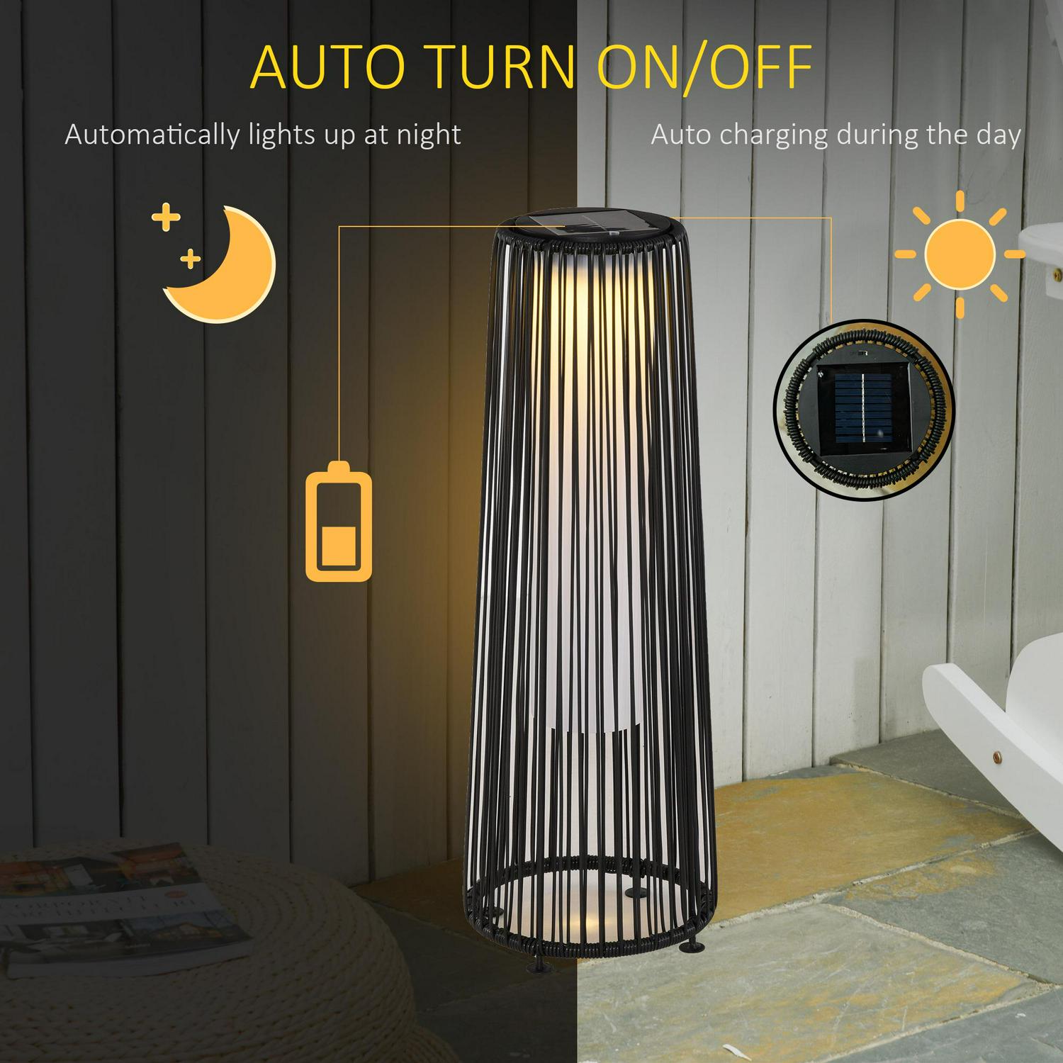 Solar Powered Lights Woven Resin Wicker Lantern For Patio, Garden - Black