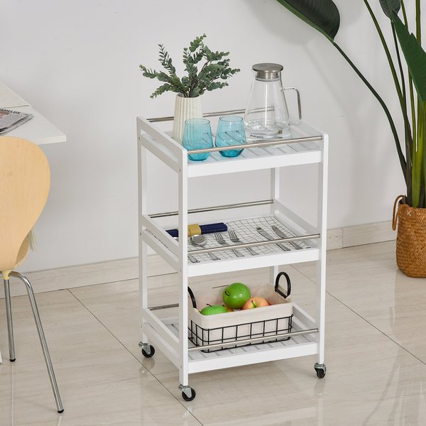 Pine Wood 3-Tier Kitchen Trolley - White