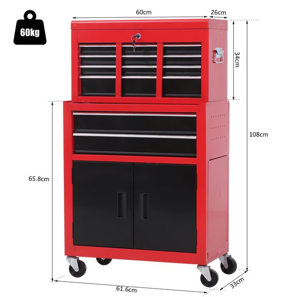 6 Drawers Portable Metal Toolbox Trolley - Black/Red