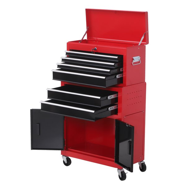 6 Drawers Portable Metal Toolbox Trolley - Black/Red