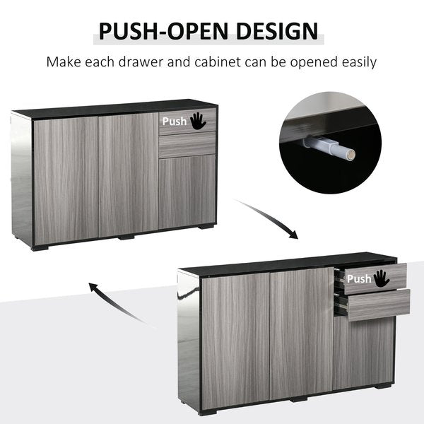 Push To Open 2-Door Cabinet Storage Organizer With 2 Drawers For Home, Office - Black Grey Oak
