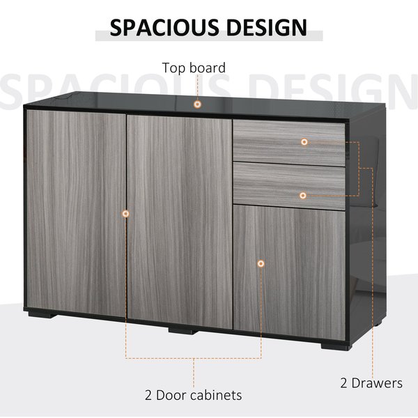 Push To Open 2-Door Cabinet Storage Organizer With 2 Drawers For Home, Office - Black Grey Oak
