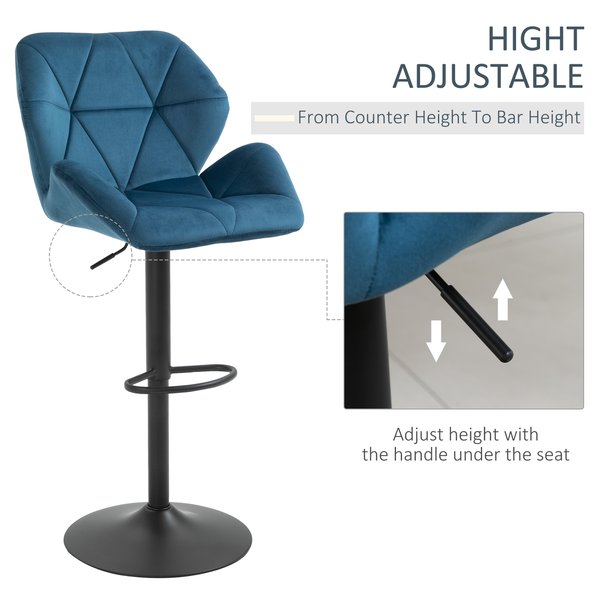 Set Of 2 Luxurious Velvet - Touch Kitchen Bar Stools W/ Metal Frame Footrest Base - Blue