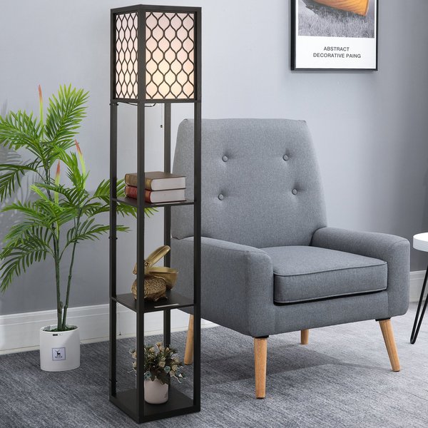 Shelf Floor Lamp Standing W/4-tier Wooden Open Shelves - Black/White