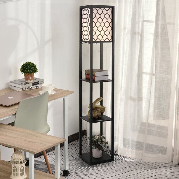 Shelf Floor Lamp Standing W/4-tier Wooden Open Shelves - Black/White