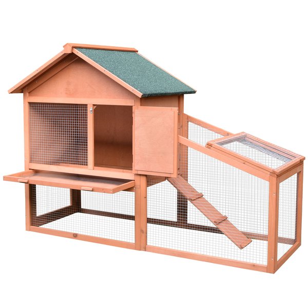 Small Animal Two-Level Fir Wood Hutch W/ Slide Out Tray - Red/Brown