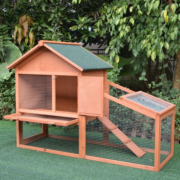 Small Animal Two-Level Fir Wood Hutch W/ Slide Out Tray - Red/Brown