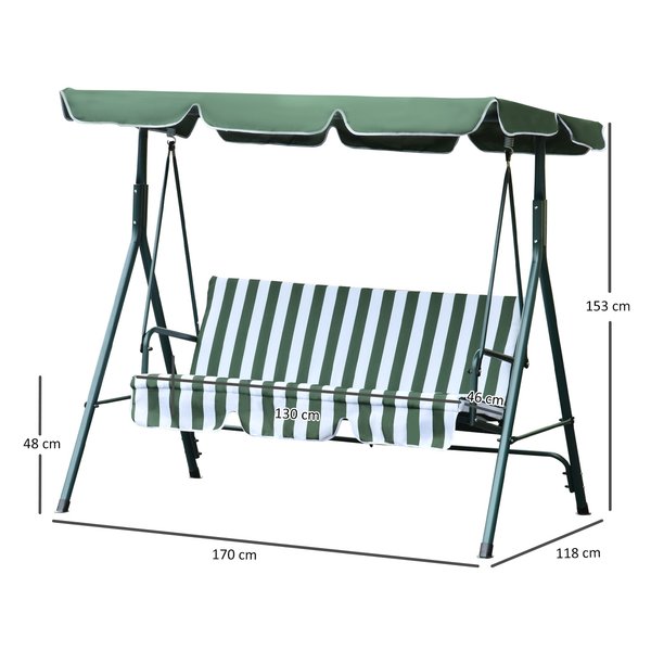 3-Seater Swing Chair W/ Adjustable Canopy - Green