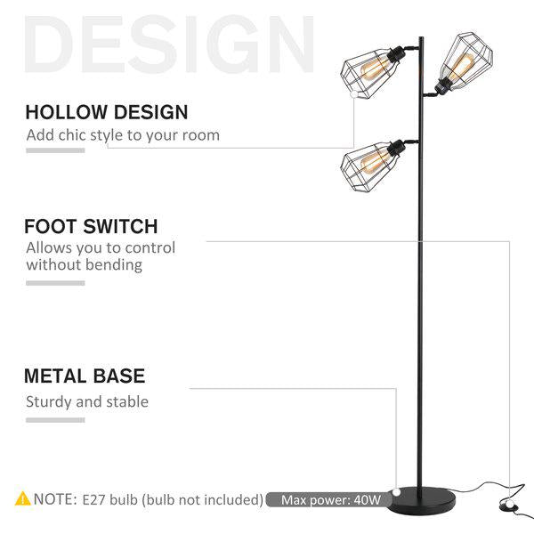 Steel Tri-Head Floor Lamp - Black