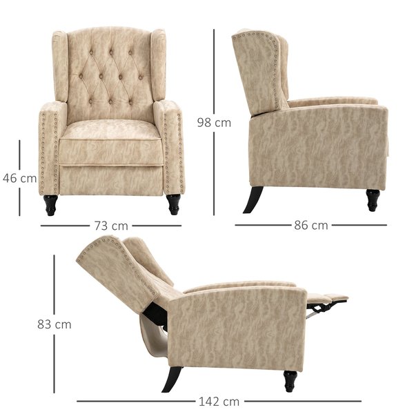 Studded PU Leather Reclining Armchair W/ Retractable Footrest - Beige