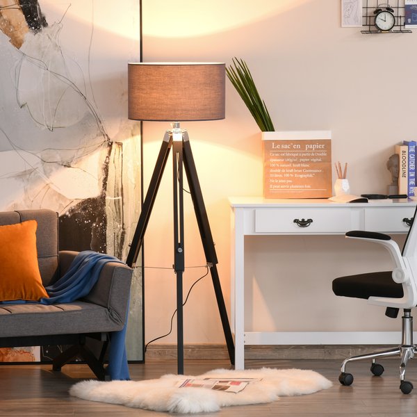 Tripod Stand Floor Lamp Adjustable Height Wood Leg For Home Office -Grey/ Black