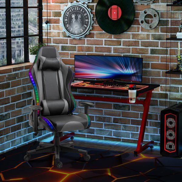 1x LED Light PU Leather Gaming Chair Thick Padding High Back w/ Pillows- Black