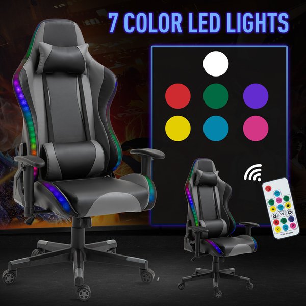 1x LED Light PU Leather Gaming Chair Thick Padding High Back w/ Pillows- Black