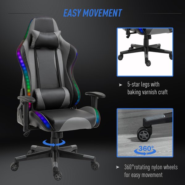 1x LED Light PU Leather Gaming Chair Thick Padding High Back w/ Pillows- Black