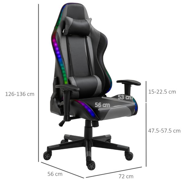 1x LED Light PU Leather Gaming Chair Thick Padding High Back w/ Pillows- Black