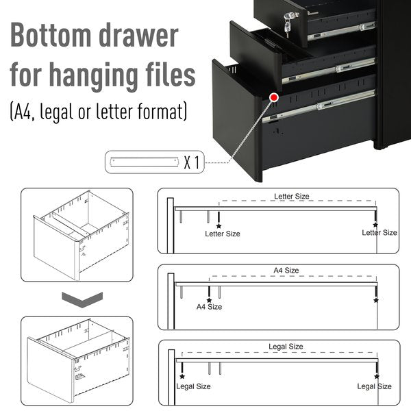 Metal 3-Drawer Filing Cabinet W/ Lock - Black