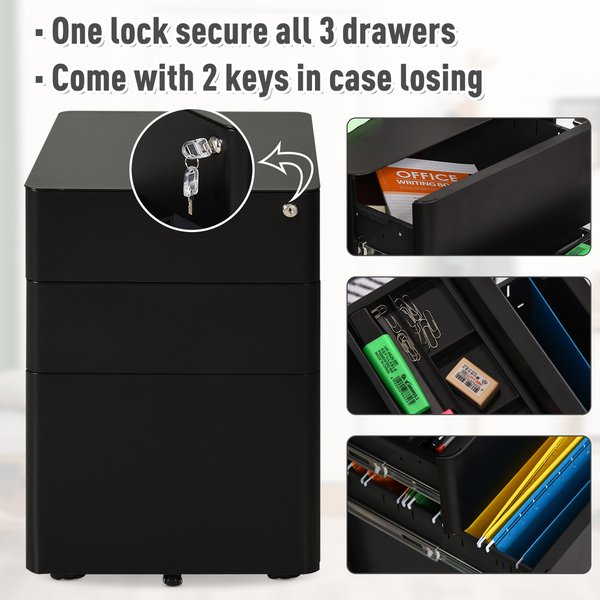 Metal 3-Drawer Filing Cabinet W/ Lock - Black