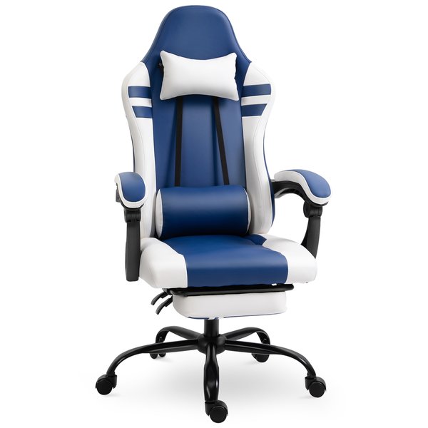 PU Leather Gaming Office Chair Ergonomic Reclining W/ Retractable Footrest - Blue/White