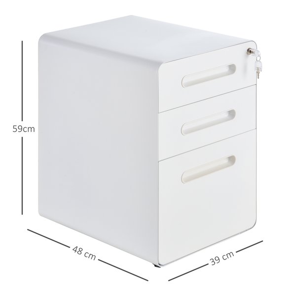 Steel 3-Drawer Curved Mobile File Cabinet W/ Lock All-Metal Rolling - White