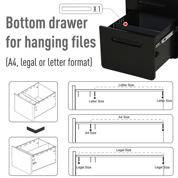 Steel 3-Drawer Curved Filing Cabinet Mobile File W/ Lock Black