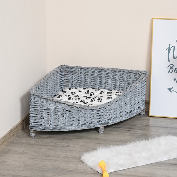 Wicker Dog Corner Basket Pet Bed Sofa Couch W/ Soft Plush Cushion Elevated Base
