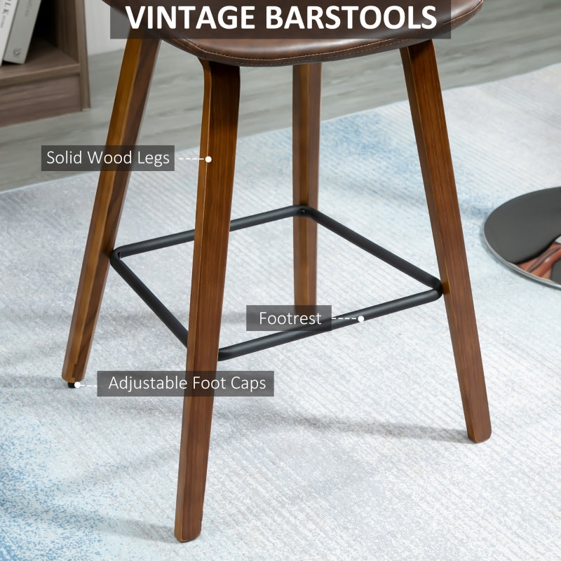 Counter Height Bar Stools Set Of 2 Mid-Back PU With Wood Legs - Brown