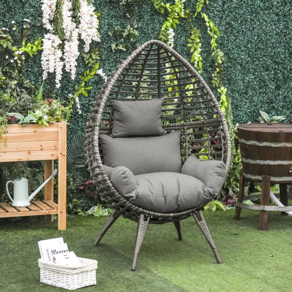 4 Legs Seat Egg Garden Rattan Chair W/ Thick Cushions - Grey