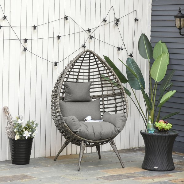 4 Legs Seat Egg Garden Rattan Chair W/ Thick Cushions - Grey