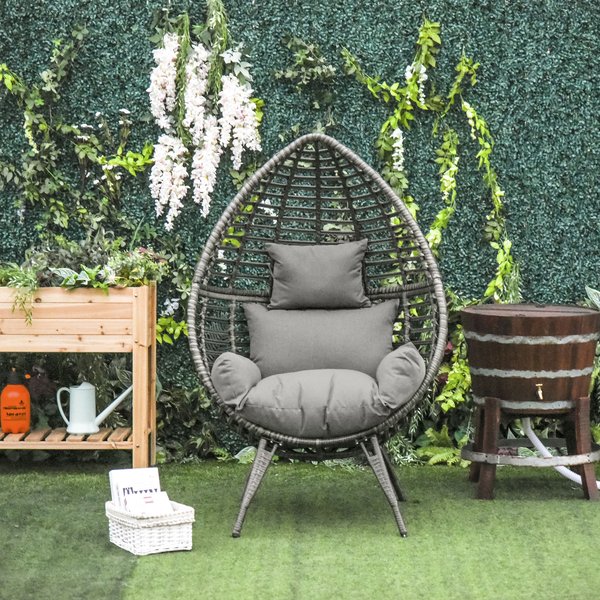 4 Legs Seat Egg Garden Rattan Chair W/ Thick Cushions - Grey