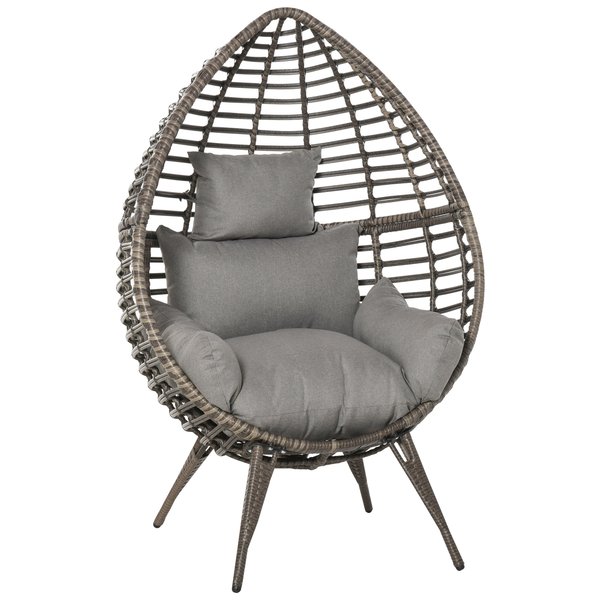 4 Legs Seat Egg Garden Rattan Chair W/ Thick Cushions - Grey