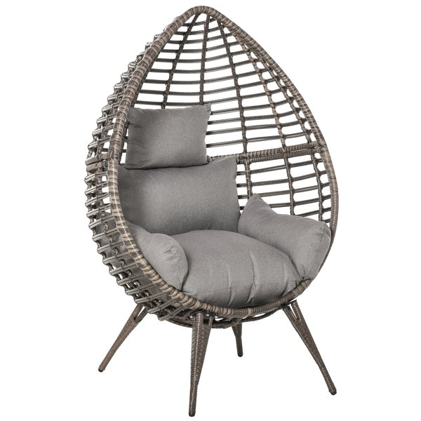 4 Legs Seat Egg Garden Rattan Chair W/ Thick Cushions - Grey