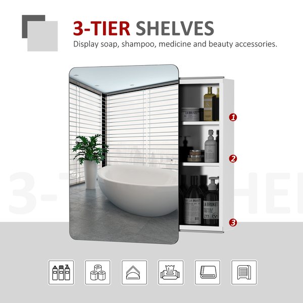 On-Wall Mounted Bathroom Storage Cabinet W/Sliding Mirror Door 3 Shelves Stainless